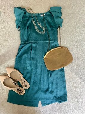 LOFT Teal Satin Flutter-Sleeve Sheath Dress